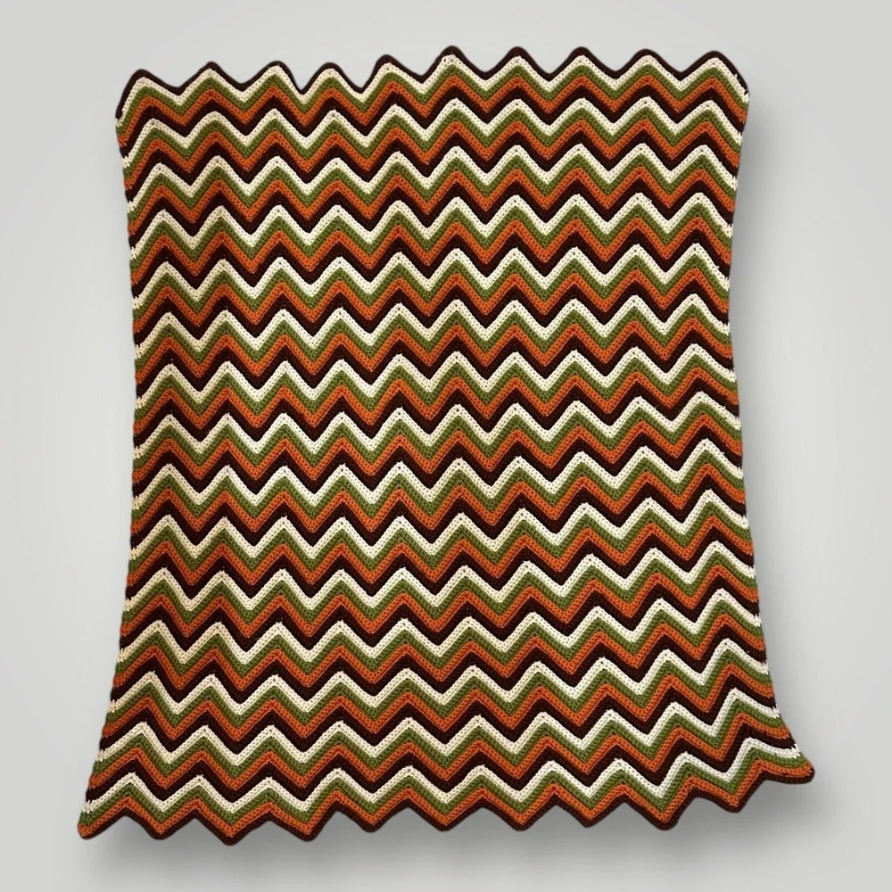 Vintage Zig Zag Chevron Crochet Throw Blanket Brown Orange Green White 50